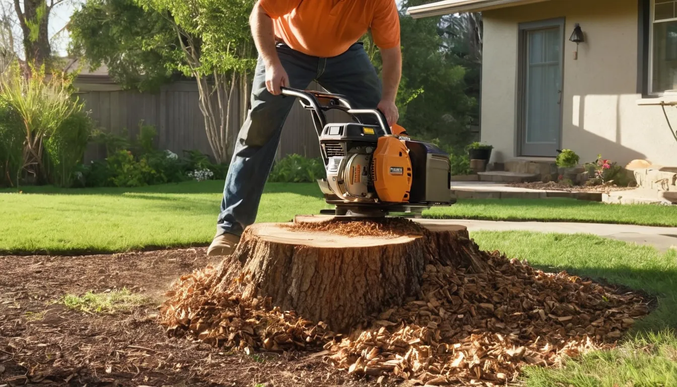 Local stump grinding provider cutting a tree stump in a residential yard in Pacifica